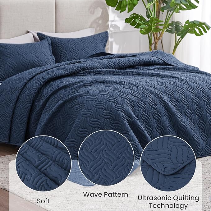 Love's cabin California King Size Quilt Bedding Set Navy Bedspread - Cal King Summer Lightweight Bedspread Comforter - Wave Pattern Coverlet for All Season - 3 Pieces (1 Quilt, 2 Pillow Shams)