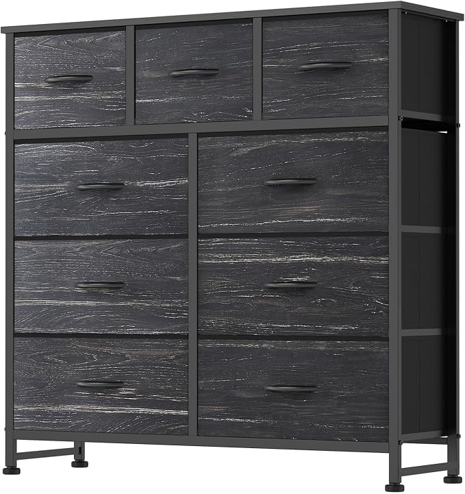 DUMOS 9 Drawer Dresser for Bedroom, Storage Organizer Chest of Drawers | Fabric Bins Storage Tower with Sturdy Metal Frame, Wood Tabletop for Closet, Black Wood