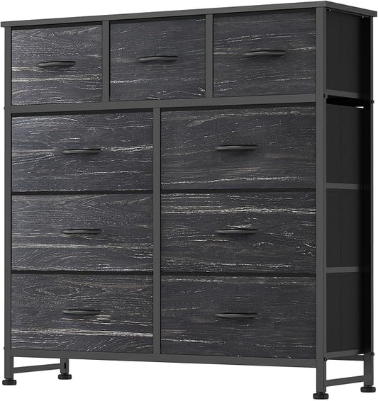 DUMOS 9 Drawer Dresser for Bedroom, Storage Organizer Chest of Drawers | Fabric Bins Storage Tower with Sturdy Metal Frame, Wood Tabletop for Closet, Black Wood