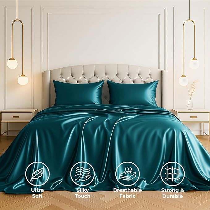 Satin Sheets King [4-Piece, Teal] Hotel Luxury Silky Bed Sheets - Extra Soft 1800 Microfiber Sheet Set, Wrinkle, Fade, Stain Resistant - Deep Pocket Fitted Sheet, Flat Sheet, Pillow Cases