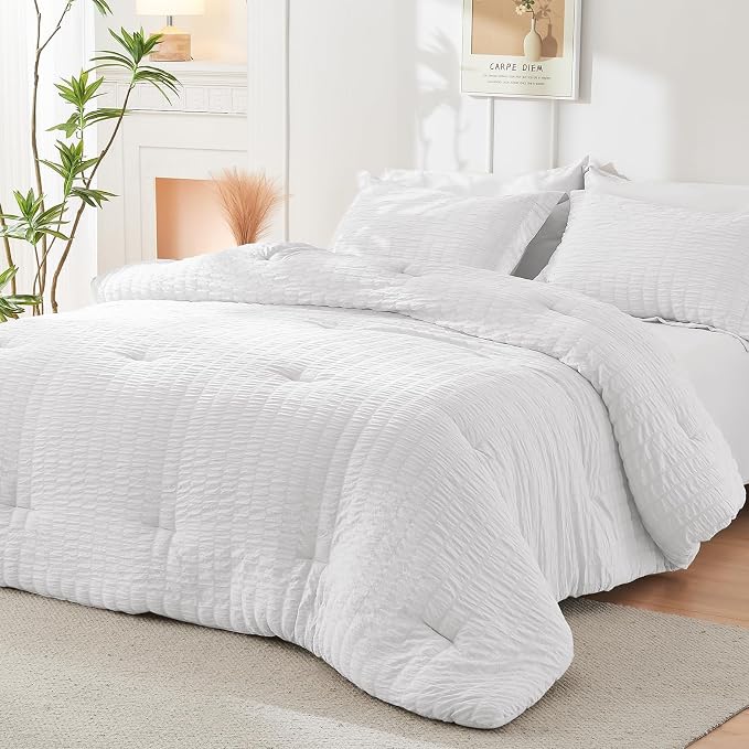 HYMOKEGE White Queen Comforter Set Seersucker 7 Pieces, All Season Luxury Bed in a Bag for Bedroom, Bedding Set with Comforters, Sheets, Pillowcases & Shams