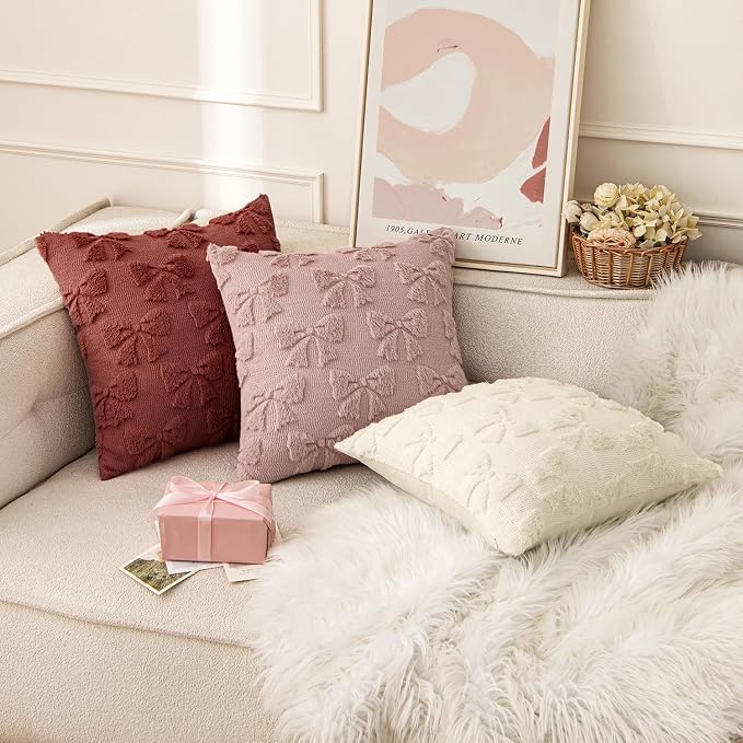 MIULEE Burgundy Bow Pillow Covers Coquette Room Decor 18x18 | Aesthetic Decorative Cute Girl,Set of 2 Cushion Covers,Soft Plush Faux Pillowcases,Preppy Room Decor Bedroom Couch