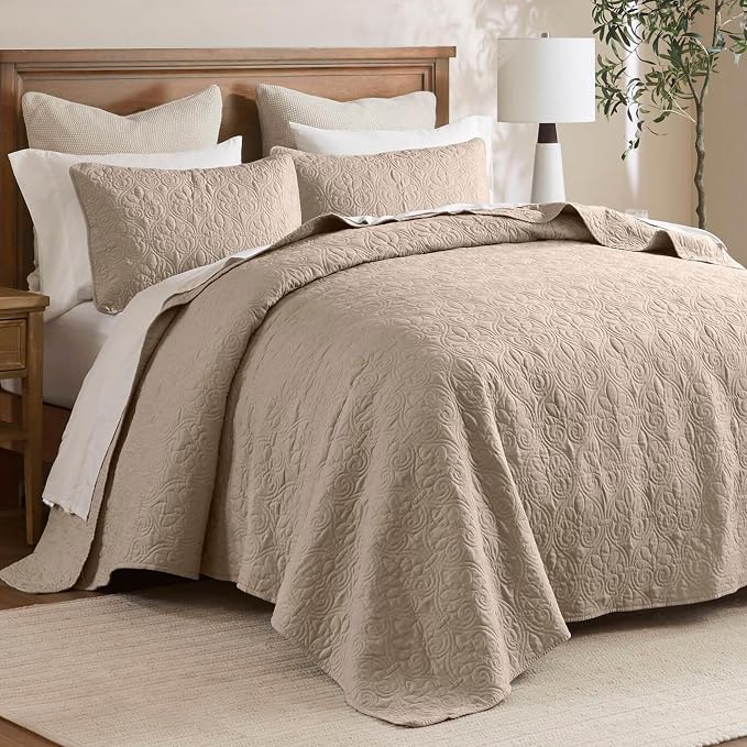 Madison Park Queen Quilt Bedding Set, Cottage-Inspired Damask, 3PC | All Season Quilted Coverlet, Classic Stitch Pattern Bedspread & Shams, Ultra Soft Microfiber Bedspread Set, Khaki