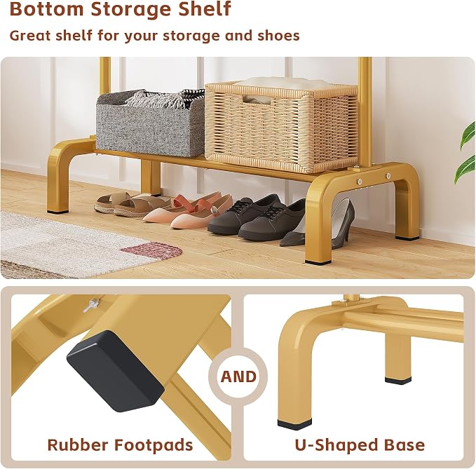 JIUYOTREE Garment Rack Clothing Clothes Rack for Clothes Organizing Gold | Standard Metal 34 Inches Garment Rack with Bottom Shelf for Hanging Clothes Coats Jackets Shirts Sweaters Jeans Gold