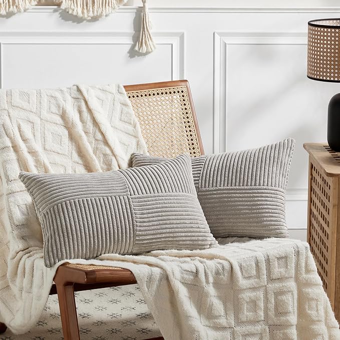 Fancy Homi 2 Packs Neutral Grey Lumbar Decorative Throw Pillow Covers 14x24 Inch for Living Room Couch Bed Sofa, Farmhouse Home Decor, Soft Striped Corduroy Rectangle Accent Cushion Case 35x60 cm