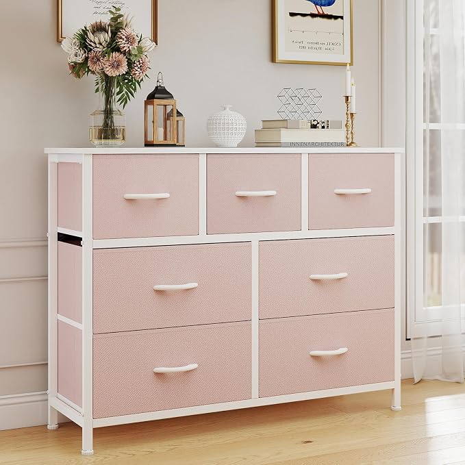 OLIXIS 7 Drawer Fabric Dresser, Storage Tower for Bedroom and Closet | Pink Easy-Pull Bins for Closet Organizers, Chest of Drawers with Sturdy Steel Frame & Wooden Top for Living Room, Entryway