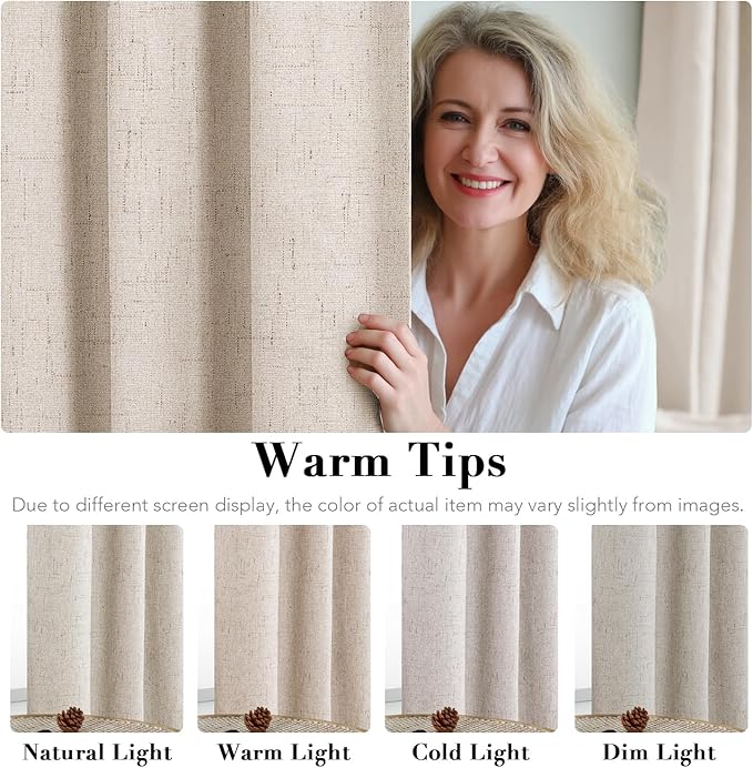 H.VERSAILTEX Linen 100% Blackout Curtains for Bedroom Light Blocking Curtains, Textured Curtains for Living Room 84 inch Grommet, White Liner Energy Efficient GRS Certified (2 Panels, Natural)
