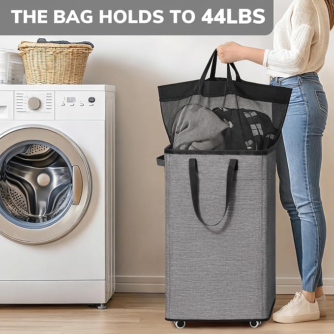 Goodpick 75L Laundry Basket with Wheels & Removable Wash Bag for Dorm | Rolling Laundry Hamper with Handle for Dirty Clothes, Fodable Hamper for College Dorm, Laundry Hamper on Wheels, Light Grey
