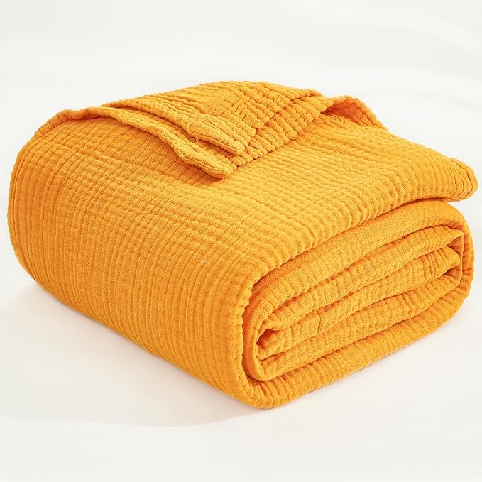 EMME Muslin Blankets for Adults Throw Blanket for Couch Breathable Gauze Soft Lightweight Airy Mustard Yellow Throw 50" x 60"