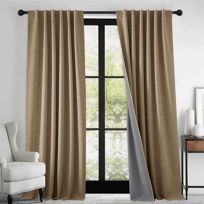 RYB HOME Burlap Linen Textured 100% Blackout Curtains 96 Inch for Office | Thermal Insulated, Energy Saving, For Bedroom Living Room Dining Office Nursery Sliding Glass Door, W52 x L96, 2 Panels