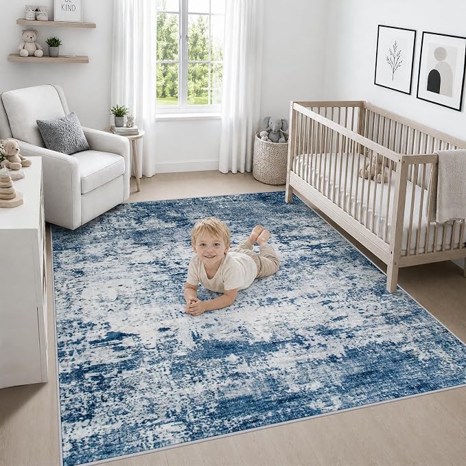 Area Rug Living Room: 6x6 Modern Washable Indoor Soft Carpet Blue | For Bedroom Dining Room Farmhouse Nursery Hallway Office,Modern Abstract,Machine washable,Non-Slip,Stain Resistant,Indoor