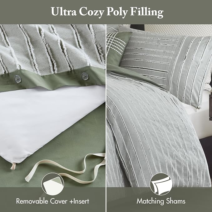Madison Park Farmhouse King Cotton Comforter Set with Removable Cover, 9pc | Clipped Jacquard Stripes with Buttons Bedding Set, Boho, Oversized, Easy Care, Breathable, Cozy, All Season, Ultra Soft