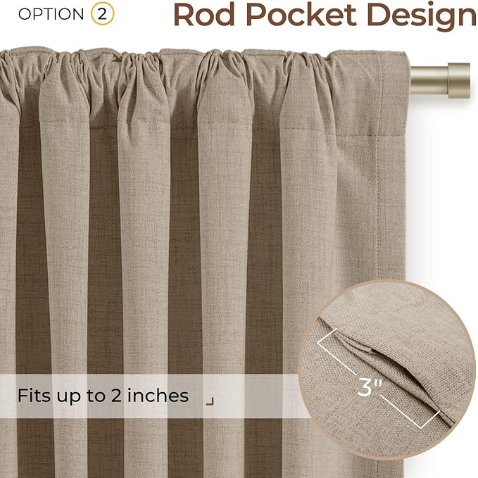 INOVADAY 100% Blackout Linen Curtains for Bedroom 50x90 Burlywood Birch | Linen Textured, Light Blocking, Room Darkening, Thermal Insulated, Back Tab Top, Window Curtains for Living Room, 2 Panels