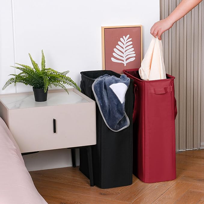 efluky Slim Laundry Basket, Narrow Laundry Hamper with Handles, Collapsible Dirty Clothes Hamper, Tall Laundry Bin for Laundry Room, Dorm and Bedroom, 48L (12.7 Gallon) Burgundy Red