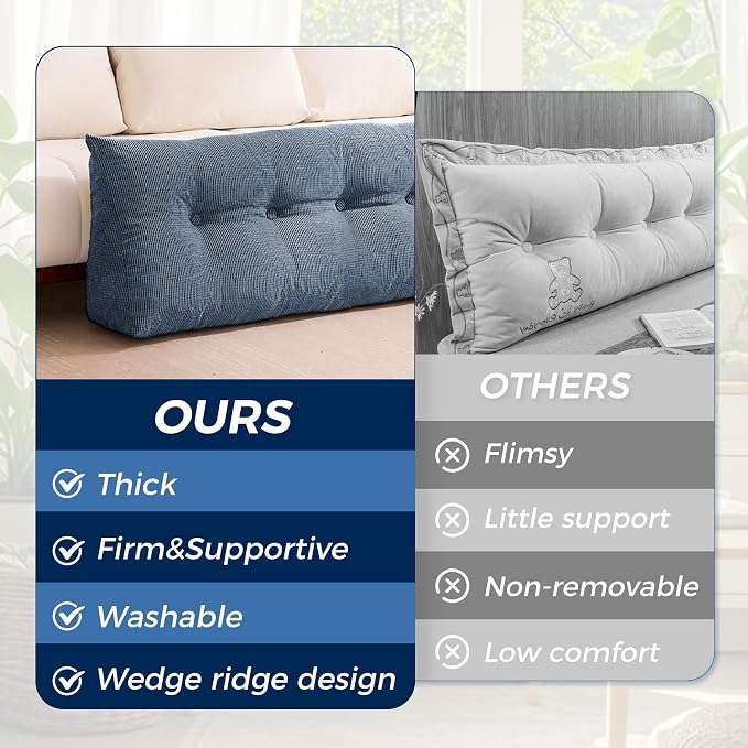 Headboard Pillow Queen, Wedge Pillow Headboard, Navy Blue | Triangle Backrest for Headboard, Bed Pillow for Sitting Up Reading Working, Removable Cover, Side Pockets, for Bed Dorm Sofa