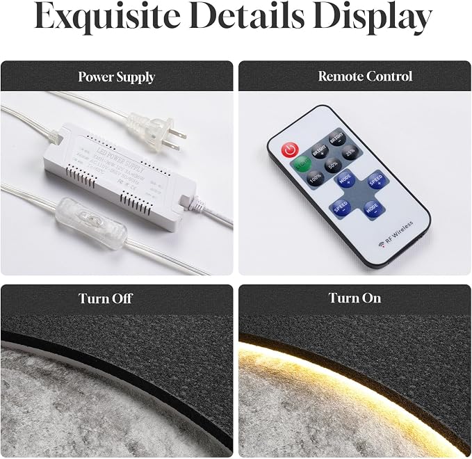 Cuspin Large 3D LED Moon Wall Art, 24x36 In (Black) | Modern minimalist style, Lighted lunar design, Standstone-like textured, For bedroom living room dining room hallway entryway