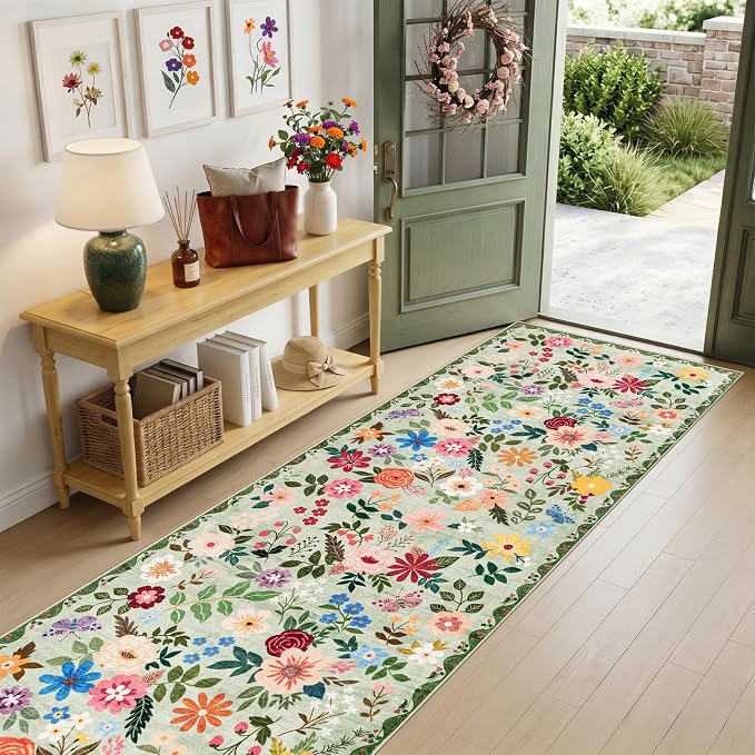 PLHXFR 2.6x10 Washable Runner Rug：Floral Indoor Kitchen Soft Carpet Green | For Hallway Bedroom Kitchen Laundry Bathroom Dorm,Vintage Floral,Machine washable,Non Slip,Stain Resistant,Indoor Floor