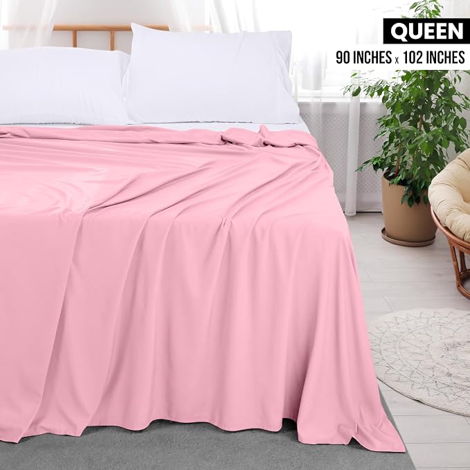 Queen Size Flat Sheet Only, Ultra Soft & Breathable Hotel Sheets, Pink | Hotel Bedding, Cooling Comfort, Smooth Feel, Wrinkle & Fade Resistant, Easy Care, Long-Lasting, Machine Washable, OEKO-TEX