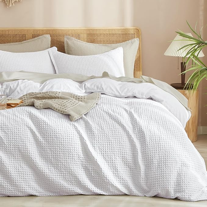 PHF Waffle Duvet Cover King, Ultra Soft & Breathable, 104"x90", White | 300GSM Fabrie，No Snagging Textured Honeycomb Comforter Cover for All Season 3pcs, Durable Bedding Duvet Set, Home Decor Gift