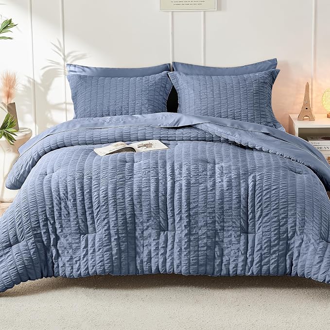 HYMOKEGE Nordic Blue King Size Comforter Set Seersucker 7 Pieces, All Season Luxury Bed in a Bag for Bedroom, Bedding Set with Comforter, Sheets, Pillowcases & Shams