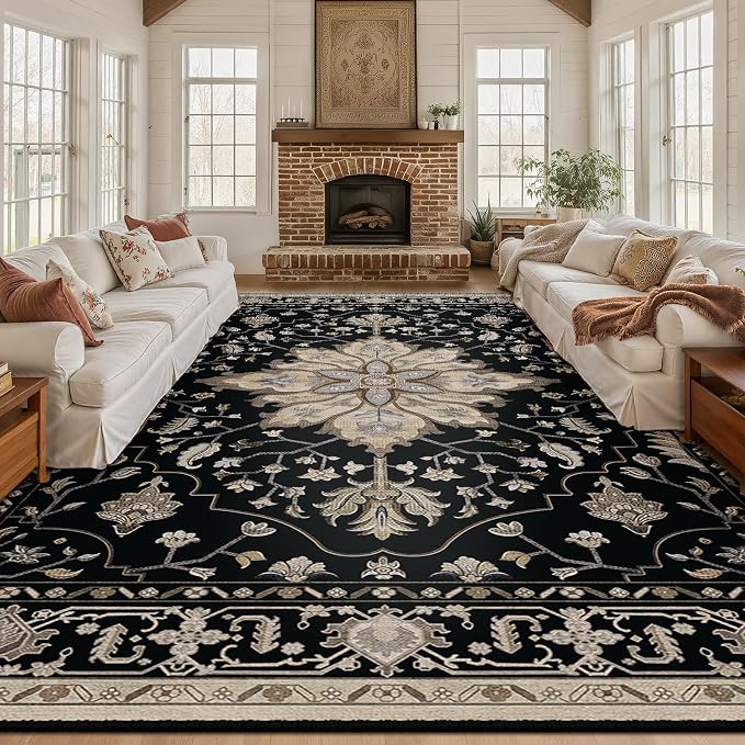 RELEANY Washable Area Rug, Large 10'x12', Black/Neutral | Non-Slip, Water Repellent, Pet Friendly, Easy to Clean, Vintage Floral Boho Decor for Living Room Bedroom Dining Room