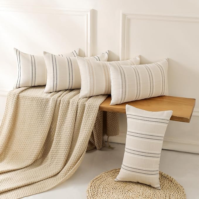 Hckot Decorative Lumbar Throw Pillow Covers 12x20 Striped Pillow Cover Grey | Set of 2 Textured Linen Decorative Pillows Lumbar Cushion Covers for Couch Sofa Bed Living Room Farmhouse Decor