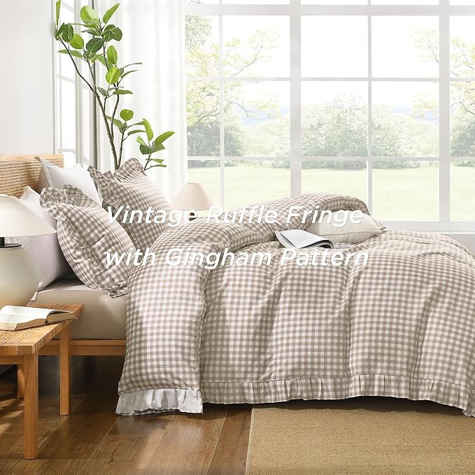 Andency Tan Gingham Duvet Cover Full, Ruffle Shabby Chic Bedding Set 3 Pcs | Farmhouse Soft Pre-Washed Polyester Comforter Cover with Zipper Closure & Corner Ties, 79x90Inch