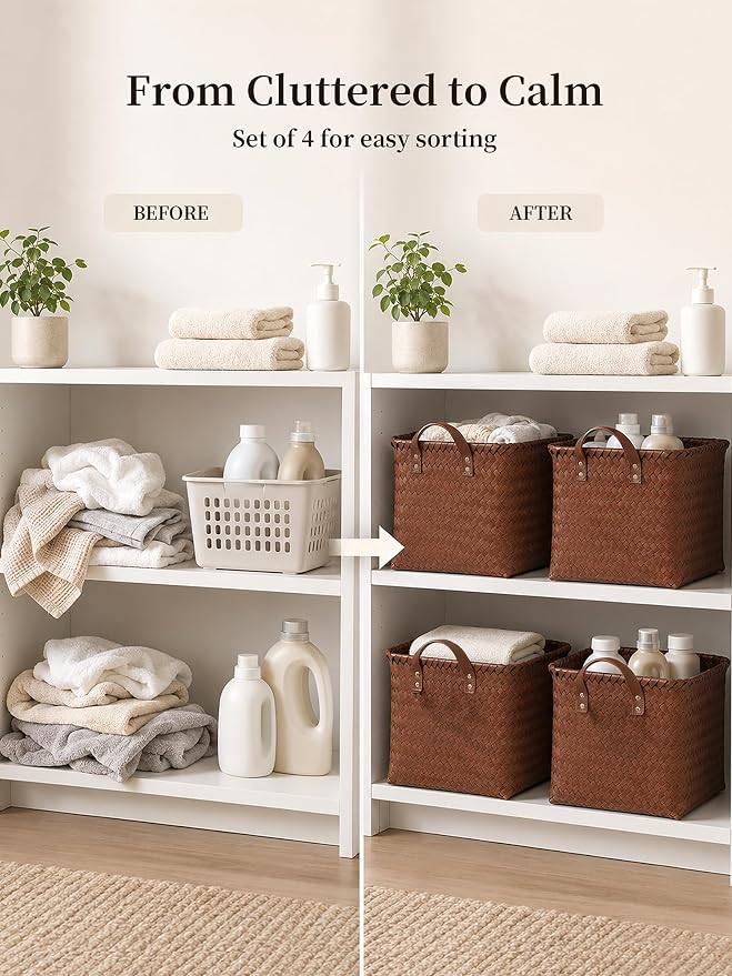 Wicker Storage Baskets, 4 Pack Woven Baskets for Shelves, Brown | PP Rattan, Water-resistant Wicker Basket, Large Baskets with Faux Leather Handles for Blanket, Laundry Organizer, Room Decor