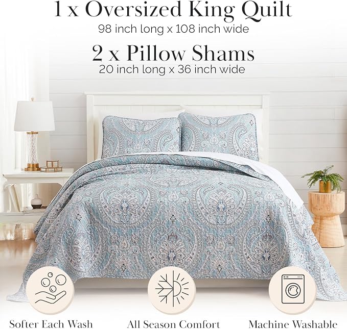 Southshore Fine Living, Inc. Oversized Quilt King Size Bedding Set, Lightweight Bedspread, Cal King Quilt Coverlet & 2 Matching Quilted Pillow Shams, Blue Paisley Bedding Set, Pure Melody Aqua