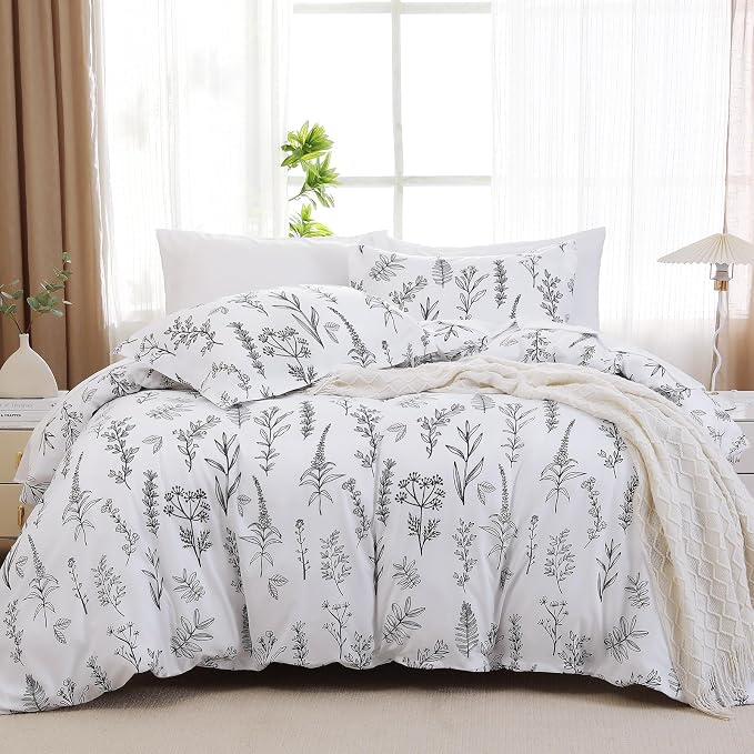 MUXHOMO Duvet Cover Twin/Twin XL Size Set, Reversible Floral White Duvet Cover with Zipper Closure, 2 Pieces Botanical Patterns Soft Microfiber Bedding Set with 4 Ties (68"x90", 1 Pillow Case)