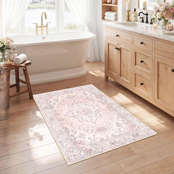 RELEANY Washable Area Rug, Small 2'6"x4', Pink | Non-Slip, Water Repellent, Pet Friendly, Easy to Clean, Vintage Floral Boho Decor for Kitchen Entryway Bathroom