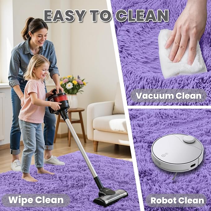 6x9 Fluffy Shag Area Rugs for Living Room Bedroom: Soft Plush Carpet Purple | Upgraded Non-Slip Thick Memory Foam, Ultra Soft, Non-Shedding Fuzzy Carpet, Easy Clean Decor for Kids Room, Nursery, Playroom