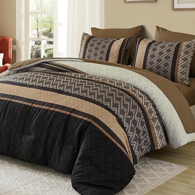 Cottolester Brown Comforter Set Queen Size,Fall Striped Bed in a Bag | Boho Plaid Comforter Set,7 Piece Soft Microfiber Bedding Sets