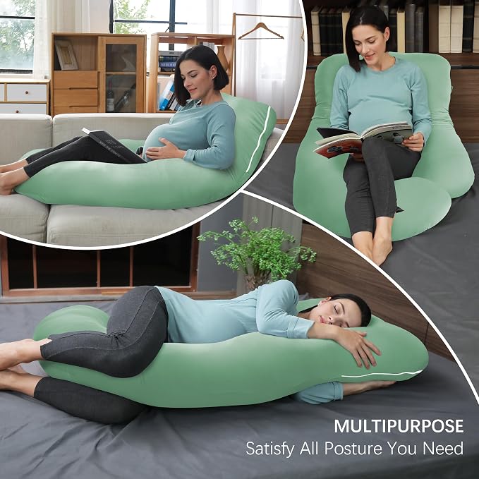 MOON PARK Pregnancy Pillows for Sleeping - U Shaped Full Body Maternity Pillow with Removable Cover - Support for Back, Legs, Belly, Hips - 57 Inch - Green - Cooling Cover
