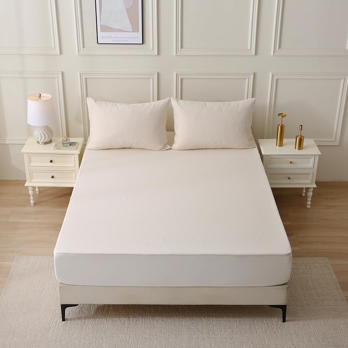 Deluxe Cooling Mattress Protector Cali King - Waterproof - Crisp, Breathable Organic Cotton Surface with a Percale-Inspired Feel - 280GSM Air-Knit Mattress Pad - Noiseless Deep Pocket
