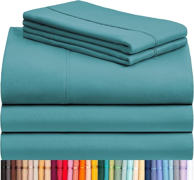 LuxClub 5 PC Split King Sheet Set, Breathable Luxury Bed Sheets, Deep Pockets 18" Eco Friendly Wrinkle Free Cooling Sheets Machine Washable Hotel Bedding Silky Soft - Teal Split King | LuxClub Silky Fitted Sheet & Pillowcase Sets, Breathable Hotel Luxu...