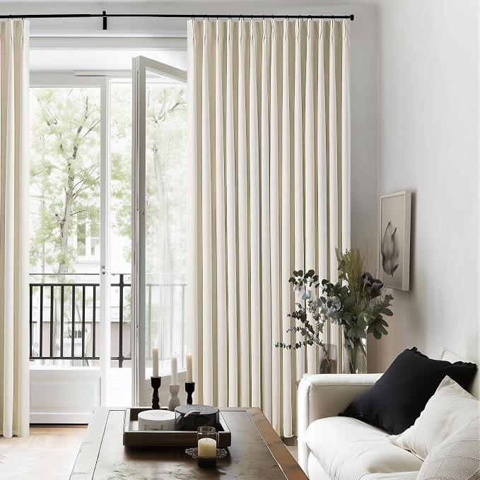 Cream Beige Linen Blackout Curtains Pinch Pleated 102 Inches Long | Memory Shape, Flax Linen 2 Layers for Full Blackout, Light Blocking Thermal Insulated, for Bedroom Living Room, 2 Panels Set