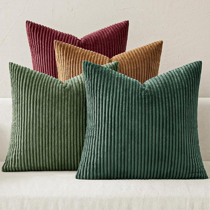 MIULEE Soft Corduroy Decorative Throw Pillow Covers Christmas Green 22x22 | Set of 4, Mordern Nordic Christmas Decor, Green Red Accent Set, Boho Farmhouse Cushion Covers for Couch Bed Sofa Living Room