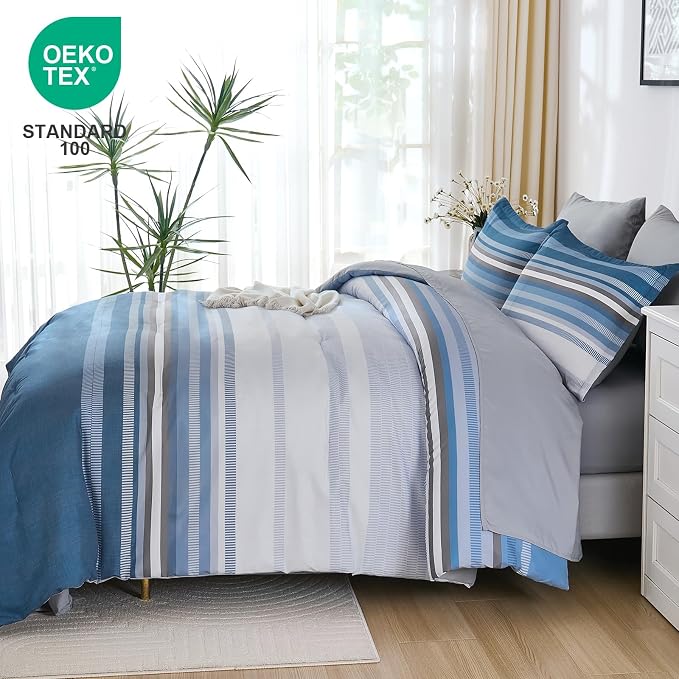 Dobuyly Grayish Blue King Size Comforter Set 7 Piece, Boho Striped Bed in a Bag Soft Microfiber All Season, Blue and Grey Bedding Set with Comforter, Sheets, Pillowcases & Shams
