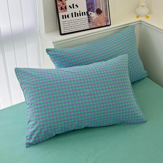 LifeTB Green Gingham Comforter Set King Modern Style Checkered Pattern Comforter Set Fluffy 3 Pieces Green Purple Grid Bed Comforter with 2 Pillowcases Lightweight Gingham Plaid Bedding Set King