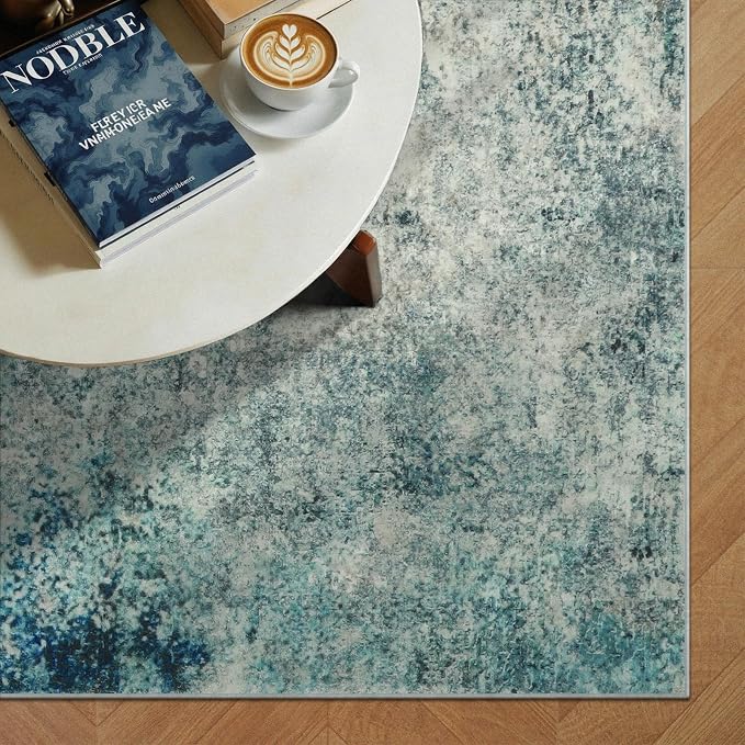 Lahome Modern Abstract Area Rugs 3x5 Washable Rug, Throw Rugs for Entryway Low Pile Anti Slip, Stain Resistance Accent Carpet for Bedroom Kitchen Bathroom Laundry Front Door, Blue/Grey