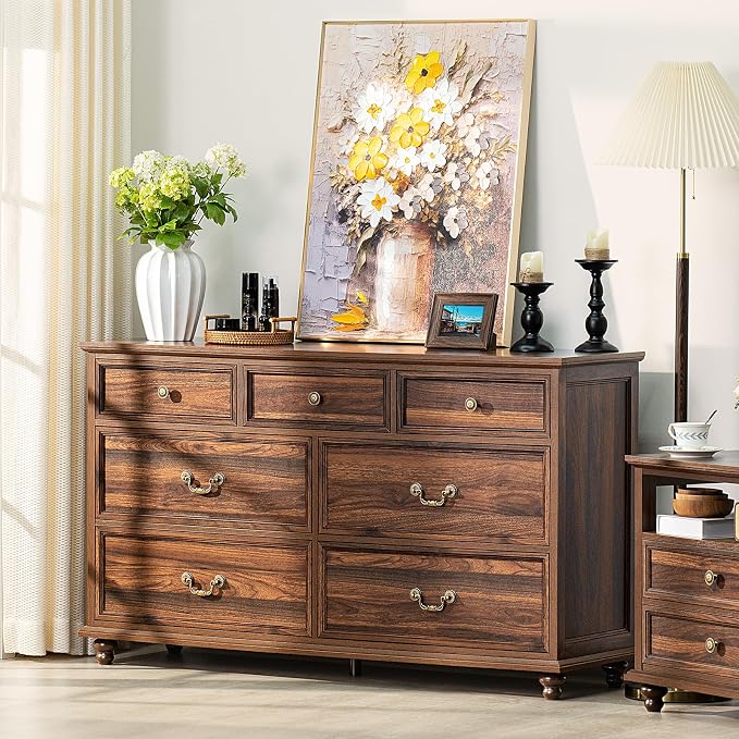Joaxswe Farmhouse 54" 7 Drawers Dresser for Bedroom, Vintage Wood Chest of Drawers w/ 4 Wooden Legs, Wide Closet Storage Dressers Organizer for Hallway, Rustic Large TV Stand for Living Room, Brown