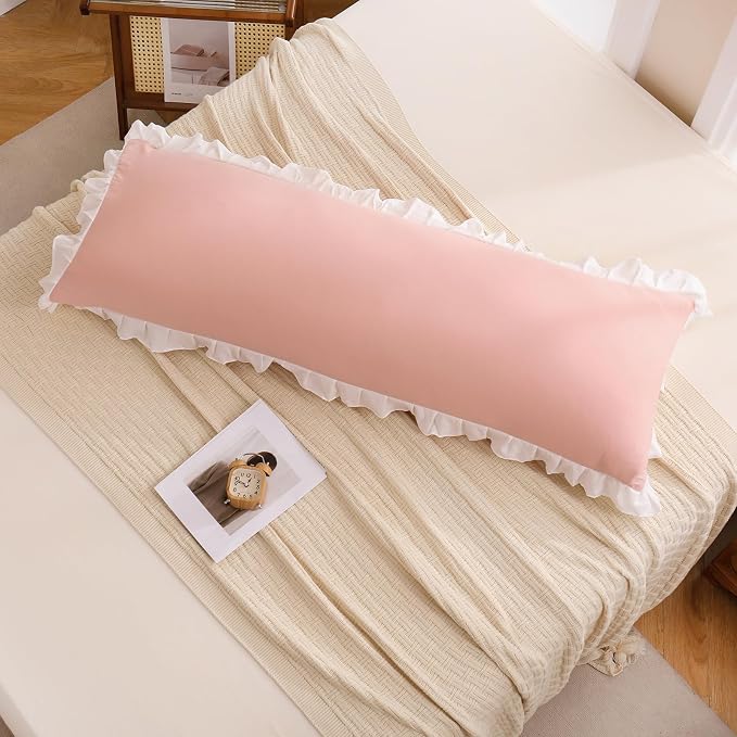 Merryword Pink Body Pillow Cover 20x54inches Reversible Long Pillowcase Ruffled Body Pillowcases Cute Pillowcase Pillow Sham (1 Body, Pink White)