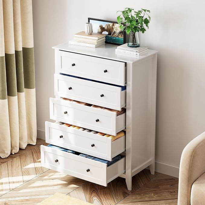 Garvee 5 Drawer Dresser for Bedroom, Modern Tall Chest of Drawers with Metal Knobs, Wooden Clothes Storage Organizer for Closet, Nursery, Living Room, Apartment, White | Lacquered Finish, Metal Knobs, Clothes Storage Organizer for Closet, Nursery, Livi...