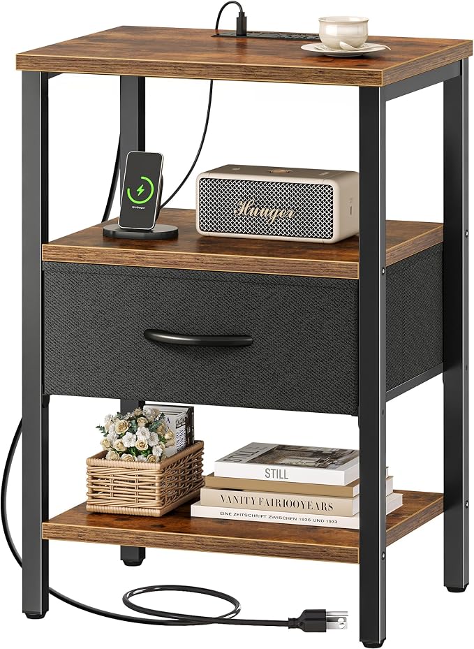 SUPERJARE Nightstand with Charging Station, Bed Side Table with Adjustable Fabric Drawer, Night Stand for Bedroom, 3-Tier Storage End Table, for Living Room, Rustic Brown and Black | Night Stand for Bedroom, with Adjustable Fabric Drawer, 3-Tier Storag...