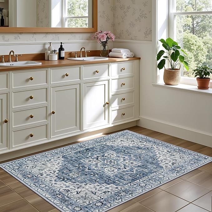 2x3 Area Rugs Living Room: Washable Vintage Rug for Bedroom Blue | Boho No Slip Stain Resistant Rug Soft Indoor Decor Floor Floral 2x3 Area Rugs for Dining Room, Nursery, Hallway, Home Office