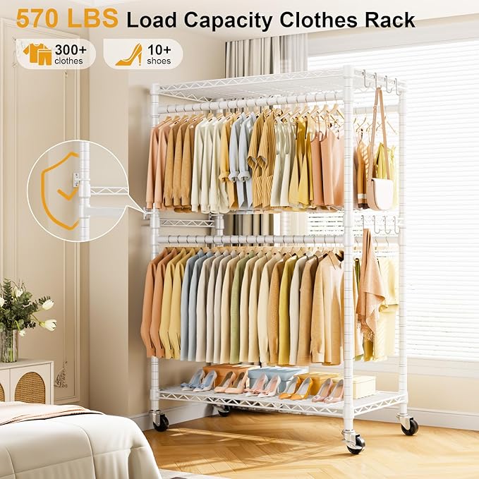 Rolling Clothes Rack, Clothing Racks for Hanging Clothes, White | P4 Plus Heavy Duty Garment Rack with Wheels, Free Standing Portable Closet Racks 45''W × 20.5''D × 80.5''H, Max Load 570 Lbs