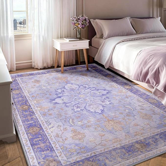 RELEANY Washable Area Rug, 6'x9', Purple | Non-Slip, Water Repellent, Pet Friendly, Easy to Clean, Vintage Floral Boho Decor for Living Room Bedroom Dining Room Office