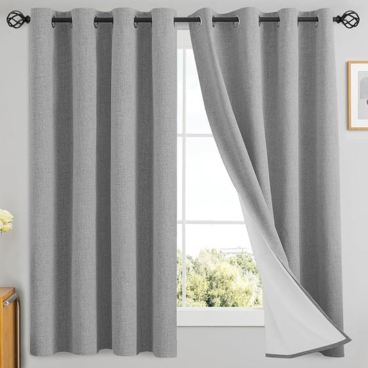 Yakamok Dove Grey Linen Textured Curtains 63 Inches Long for Living Room | 100% Blackout Curtains,Room Darkening Curtains,Thermal Grommet Bedroom Curtain 2 Panels with Greyish White Liner,52W x 63L