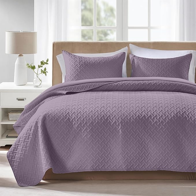 FLYMME Twin Quilt Set,Lightweight Grayish Purple Bedspreads,Basket Weave Pattern,Ultra Soft Microfiber Bedspread Bed Coverlet 2 Pieces for All-Seasons (1 Quilt,1 Shams)